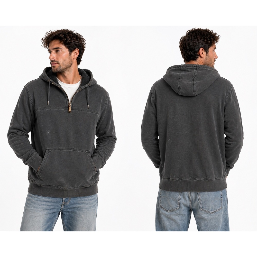 Carhartt Quarter Zip Hoodie Mens Large Black Distressed Workwear Pullover Hooded